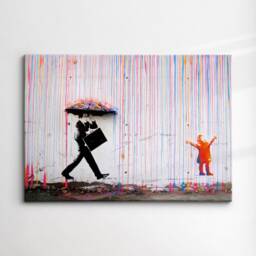Raining Paint Drips Umbrella Man Abstract Oil Painting Banksy Wall Art, Framed Canvas Poster Print, Home Kitchen Office Room Decor, Gifts - thumbnail 3