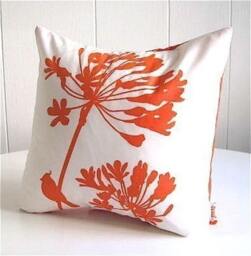 Orange Print On Off-White Cardinal Agapanthus-Mini 10.5 Inches Square Pillow - thumbnail 3