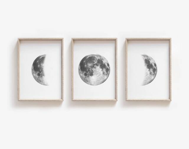 Moon Phases Print - Monochrome La Lune Bedroom Prints Set Of 3 Lunar Phase Art Chart Celestial
