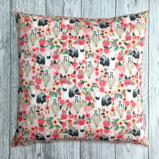 Tibetan Terrier Dog Print Cushion Cover in Pink Floral Design - Home Decor, Pillow Cover, Country Home & Living, Decorative Pillow, 38x38cms - image 1