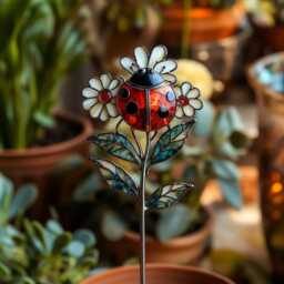 Ladybug Real Stained Glass Plant Stake - Daisy Flower Garden Marker, Handmade Pot Decor - thumbnail 3