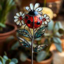 Ladybug Real Stained Glass Plant Stake - Daisy Flower Garden Marker, Handmade Pot Decor - thumbnail 2