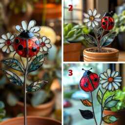 Ladybug Real Stained Glass Plant Stake - Daisy Flower Garden Marker, Handmade Pot Decor - thumbnail 4
