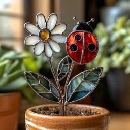 Ladybug Real Stained Glass Plant Stake - Daisy Flower Garden Marker, Handmade Pot Decor - thumbnail 1
