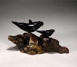 Walrus & Calf Sculpture By John Perry 8In Long Ebonite Decor On Burlwood Base - thumbnail 1