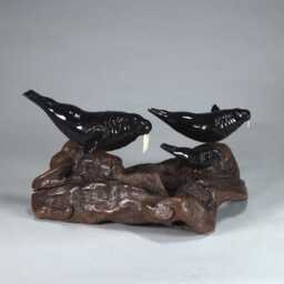 Walrus & Calf Sculpture By John Perry 8In Long Ebonite Decor On Burlwood Base - thumbnail 4