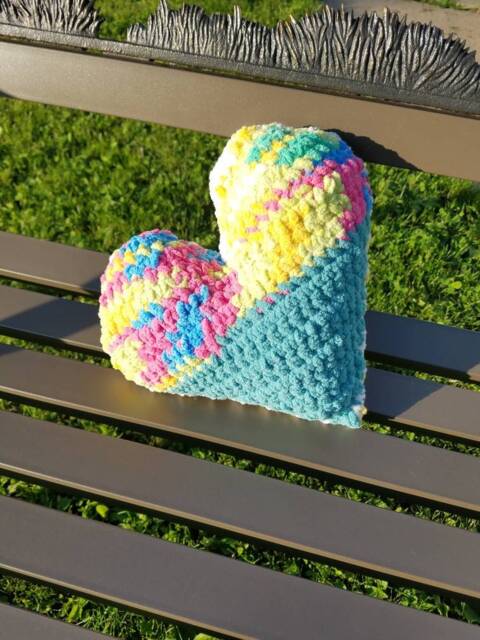 Crochet Heart Pillow, Valentine's Day, Plush, Stuffed Heart, Amigurumi, Patchwork Throw Pillow - image 1