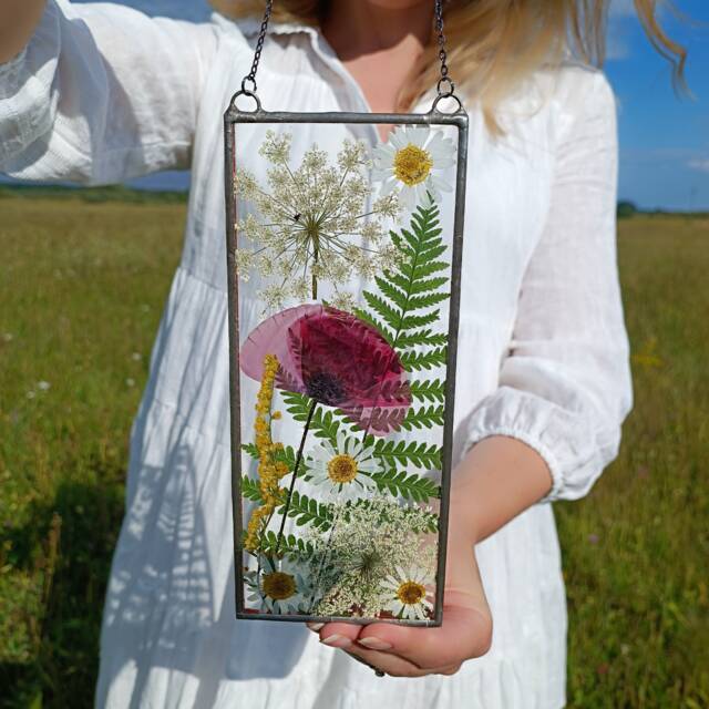 stained Glass Pressed Flower Frame Real Poppy Suncatcher, Wall Decor - image 1