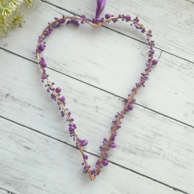 Purple Beaded Metal Gold Hanging Heart Decoration - The Home & Hearts Shop Rustic Wall Decor Shabby Wedding Gift Christmas - image 1