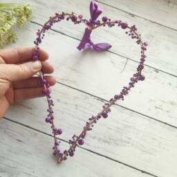 Purple Beaded Metal Gold Hanging Heart Decoration - The Home & Hearts Shop Rustic Wall Decor Shabby Wedding Gift Christmas - thumbnail 3