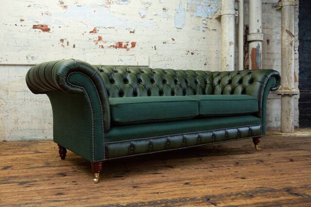British Handmade 3 Seater Antique Green Leather Chesterfield Sofa & Herringbone Wool - image 1