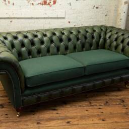 British Handmade 3 Seater Antique Green Leather Chesterfield Sofa & Herringbone Wool - thumbnail 3