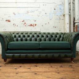 British Handmade 3 Seater Antique Green Leather Chesterfield Sofa & Herringbone Wool - thumbnail 2