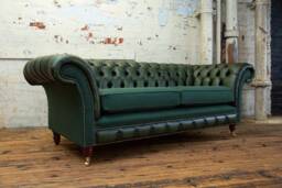 British Handmade 3 Seater Antique Green Leather Chesterfield Sofa & Herringbone Wool