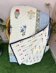 Handmade Floral Block Print Cotton Quilt Reversible Kantha Bedspread - thumbnail 1
