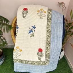 Handmade Floral Block Print Cotton Quilt Reversible Kantha Bedspread - thumbnail 2