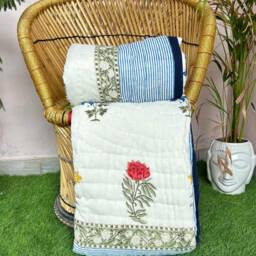 Handmade Floral Block Print Cotton Quilt Reversible Kantha Bedspread - thumbnail 3