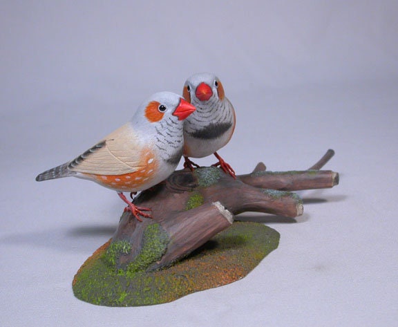 Zebra Finch Pair Hand Carved Wooden Bird - image 1