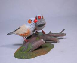 Zebra Finch Pair Hand Carved Wooden Bird - thumbnail 1