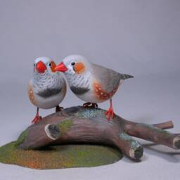 Zebra Finch Pair Hand Carved Wooden Bird - thumbnail 4