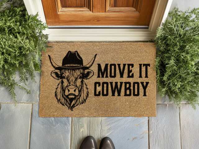 Highland Cow in Hat Door Mat - Custom Western D??cor Funny Ranch House Sign - image 1