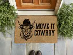 Highland Cow in Hat Door Mat - Custom Western D??cor Funny Ranch House Sign - thumbnail 1