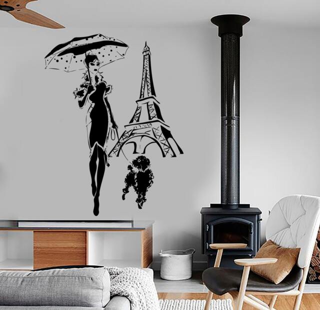 Wall Vinyl Decal Travel Paris Eiffel Tower Fashion Girl With Umbrella & Poodle Sketch Retro Home Decor 1221Dz - image 1