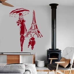 Wall Vinyl Decal Travel Paris Eiffel Tower Fashion Girl With Umbrella & Poodle Sketch Retro Home Decor 1221Dz - thumbnail 2
