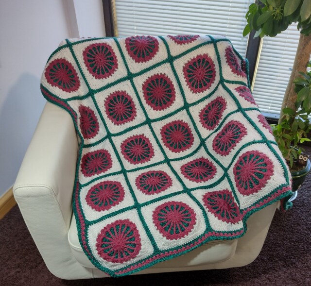 "Afghan, Blanket, Throw, Lapghan - Pinks, White & Green. Hand Made 58""x37" - image 1