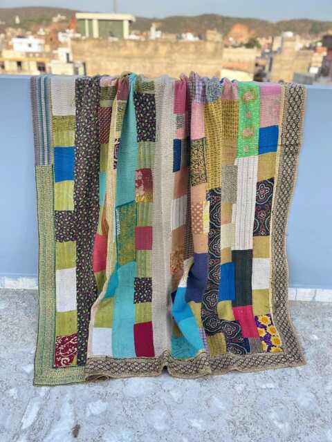 Indian Handmade Kantha Quilt Cotton Block Print Reversible Patchwork Bedspread - image 1