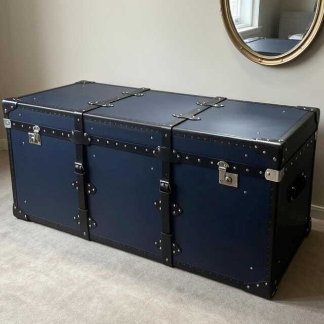 Custom Made Navy Blue Steamer Style Chest, Living Room Storage - image 1