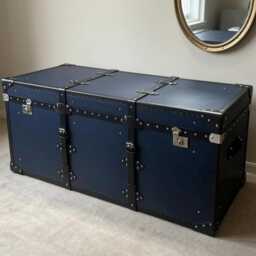 Custom Made Navy Blue Steamer Style Chest, Living Room Storage - thumbnail 1
