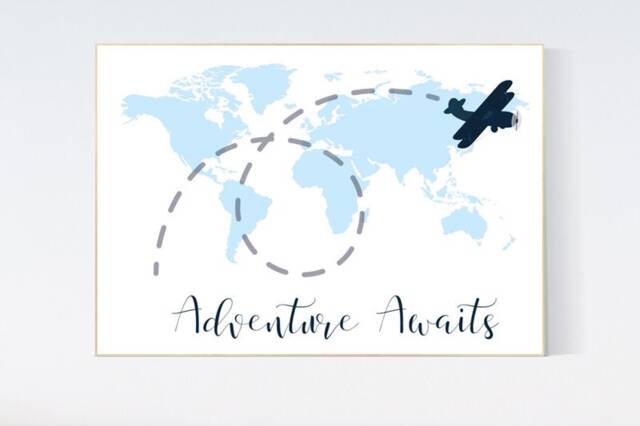 World Map Nursery Art Print Adventure Awaits, Navy Blue Airplane - image 1
