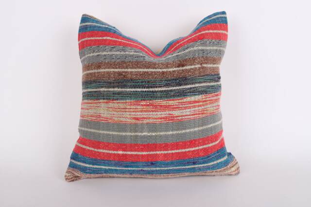 Vintage Turkish Kilim Pillow Cover Handwoven Wool Throw Cushion - 16x16 - image 1