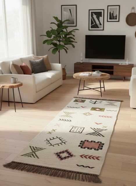 Handmade Flatweave Kilim Rug Custom Brown & Beige Geometric Runner, Wool Carpet - image 1
