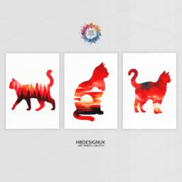 Red Cat Prints - Set Of 3 Abstract Posters - Watercolour Artwork Cats Wall Hanging Home Decor Gift For Lover Vibrant Gifts - thumbnail 1