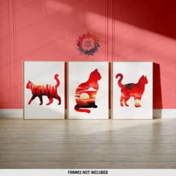 Red Cat Prints - Set Of 3 Abstract Posters - Watercolour Artwork Cats Wall Hanging Home Decor Gift For Lover Vibrant Gifts - thumbnail 2