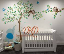 Jungle Tree Wall Decal, Monkeys, Birds For Nursery Kids Room Decoration - thumbnail 1