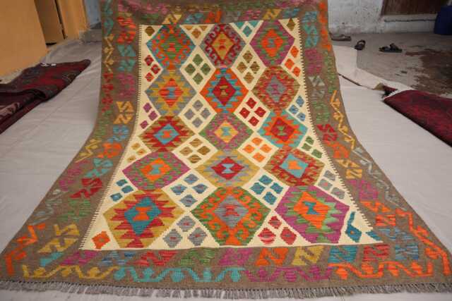 5x7 Afghan Handmade Kilim Rug - Natural Dyes Wool Multicolor Gray Beige Purple Red Flatweave Boho Turkmen Oriental Living Room - image 1