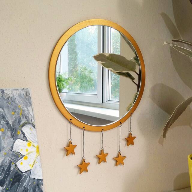 Golden Decorative Hanging Mirror With Stars, Small Wall Round Mirror, Nursery Decor, Wooden Boho Circle Kids Room - image 1