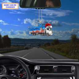 Custom Name Boom Pump Truck With Santa Hat & Christmas Lights Ornament, Tree Hanging Decor, Flat 2D Ornament - thumbnail 3