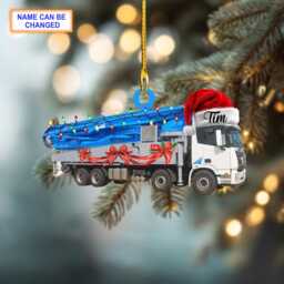 Custom Name Boom Pump Truck With Santa Hat & Christmas Lights Ornament, Tree Hanging Decor, Flat 2D Ornament - thumbnail 2