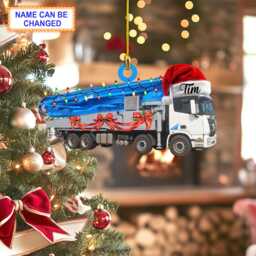 Custom Name Boom Pump Truck With Santa Hat & Christmas Lights Ornament, Tree Hanging Decor, Flat 2D Ornament
