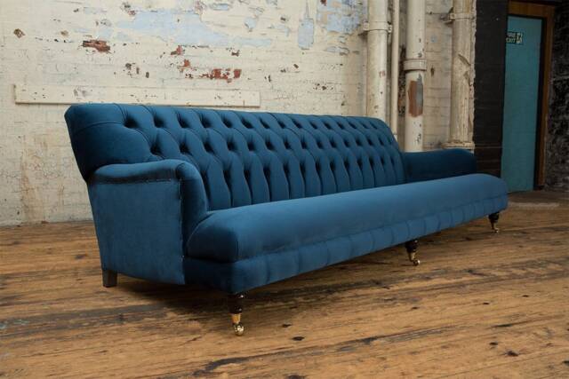 Handmade Large 4 Seater Ocean Navy Blue Velvet Fabric Chesterfield Sofa, Couch, Settee - image 1