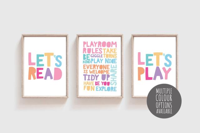Set Of 3 Playroom Prints, Playroom, Pastel, Girls Nursery Let's Play, Read, Decor, Reading Corner, Wall Art - image 1