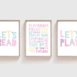 Set Of 3 Playroom Prints, Playroom, Pastel, Girls Nursery Let's Play, Read, Decor, Reading Corner, Wall Art - thumbnail 2