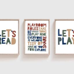 Set Of 3 Playroom Prints, Playroom, Pastel, Girls Nursery Let's Play, Read, Decor, Reading Corner, Wall Art - thumbnail 3