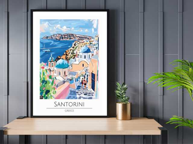 Santorini - Abstract Art Coast Sea Summer Wall Print Gift Idea Bespoke Poster A5 A4 A3 Framed Or Unframed - image 1