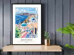Santorini - Abstract Art Coast Sea Summer Wall Print Gift Idea Bespoke Poster A5 A4 A3 Framed Or Unframed - thumbnail 1