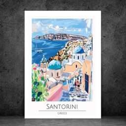 Santorini - Abstract Art Coast Sea Summer Wall Print Gift Idea Bespoke Poster A5 A4 A3 Framed Or Unframed - thumbnail 2